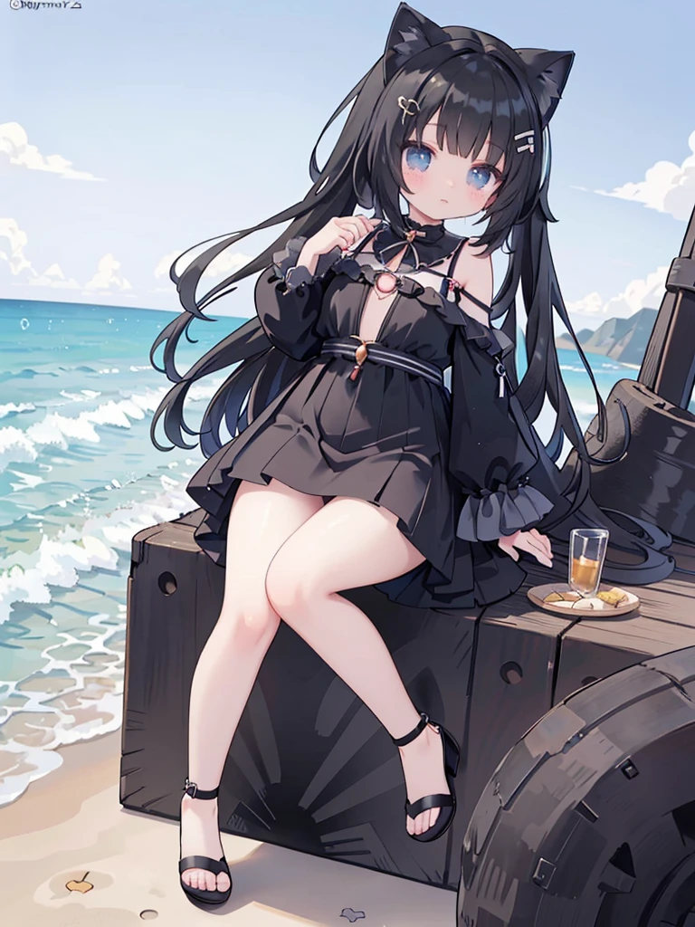 Wearing a black dress on the beach、Long white hair、Anime girl in black shoes, very beautiful anime cat girl, , beautiful anime cat girl, at the beach, cute anime cat girl, Sitting beautiful anime girl wariza, At the beach, seductive anime girl, on the beach, anime cat girl, Anime cute art style, anime girl sitting,,,hands between thighs