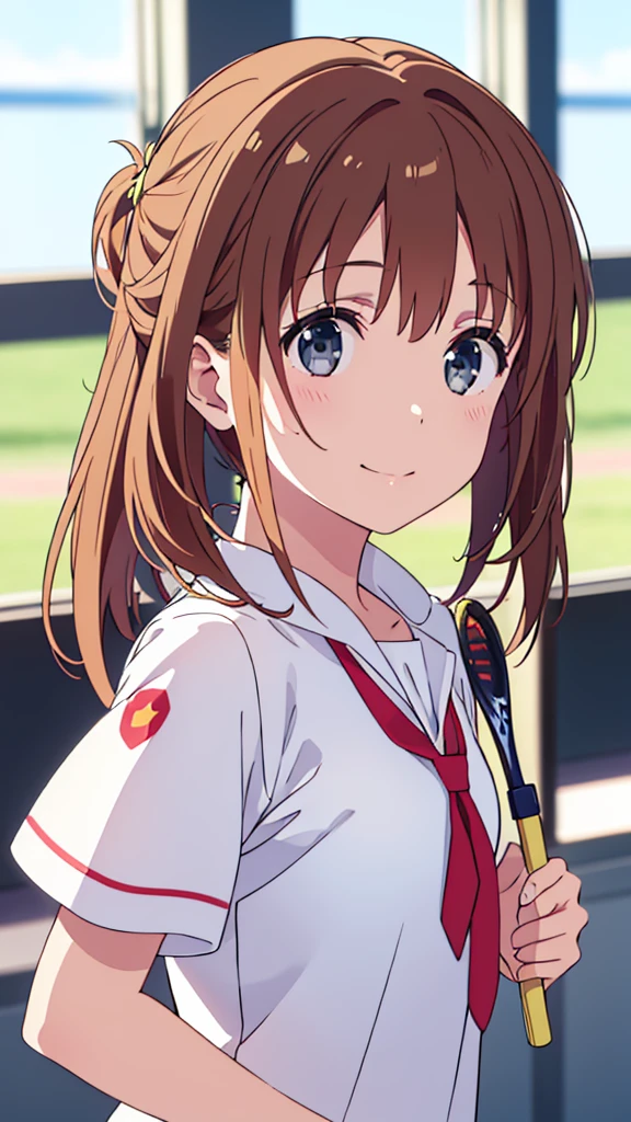 (premium、and 8K、32k、Masterpiece、NFFSW、super high resolution、Impressionism、photorealistic:1.2)、looking back、whole body, tennis coat、Beautiful face、blurred background、beautiful 18 year old girl、shiny skin、two-tailed、beautiful brown hair、grey eyes、Tie your hair with a big red ribbon.、tennis uniforms、raise your arms、Smile with your mouth open、curve、holding a racket、whole body