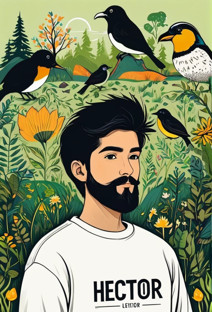 Create me a logo mascot where the boy has black hair, with beard, black sweatshirt and nature lover and below have the letters "Hector"