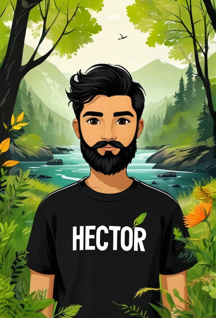 Create me a logo mascot where the boy has black hair, with beard, black sweatshirt and nature lover and below have the letters "Hector"