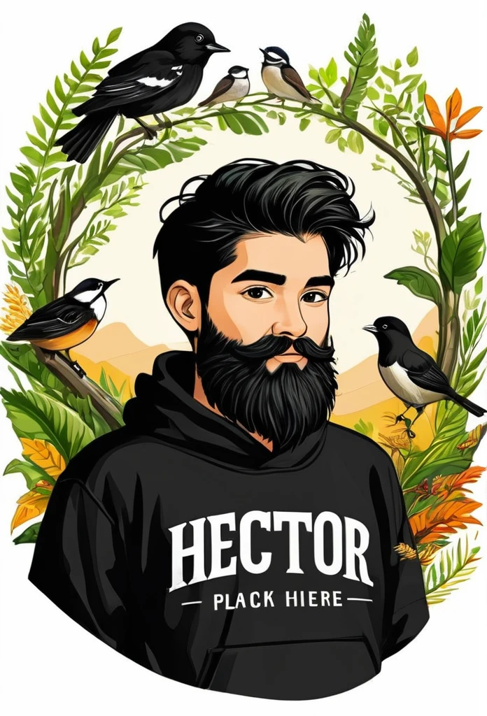 Create me a logo mascot where the boy has black hair, with beard, black sweatshirt and nature lover and below have the letters "Hector"