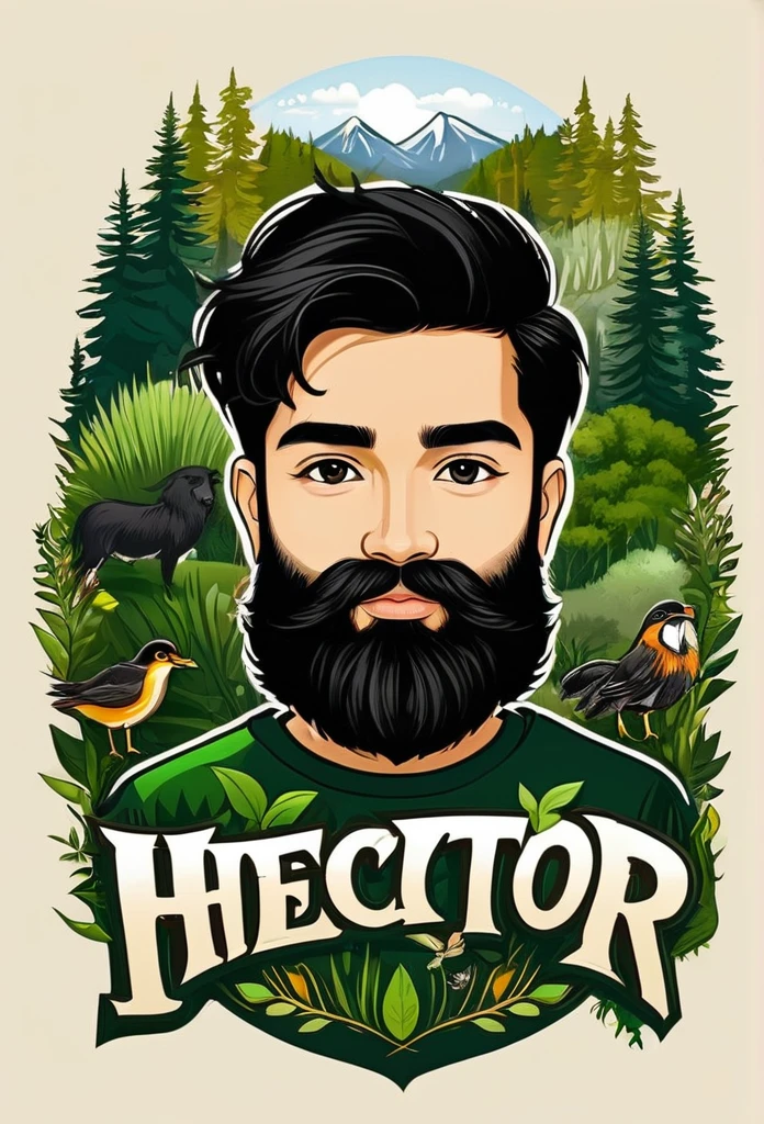 Create me a logo mascot where the boy has black hair, with beard, black sweatshirt and nature lover and below have the letters "Hector"