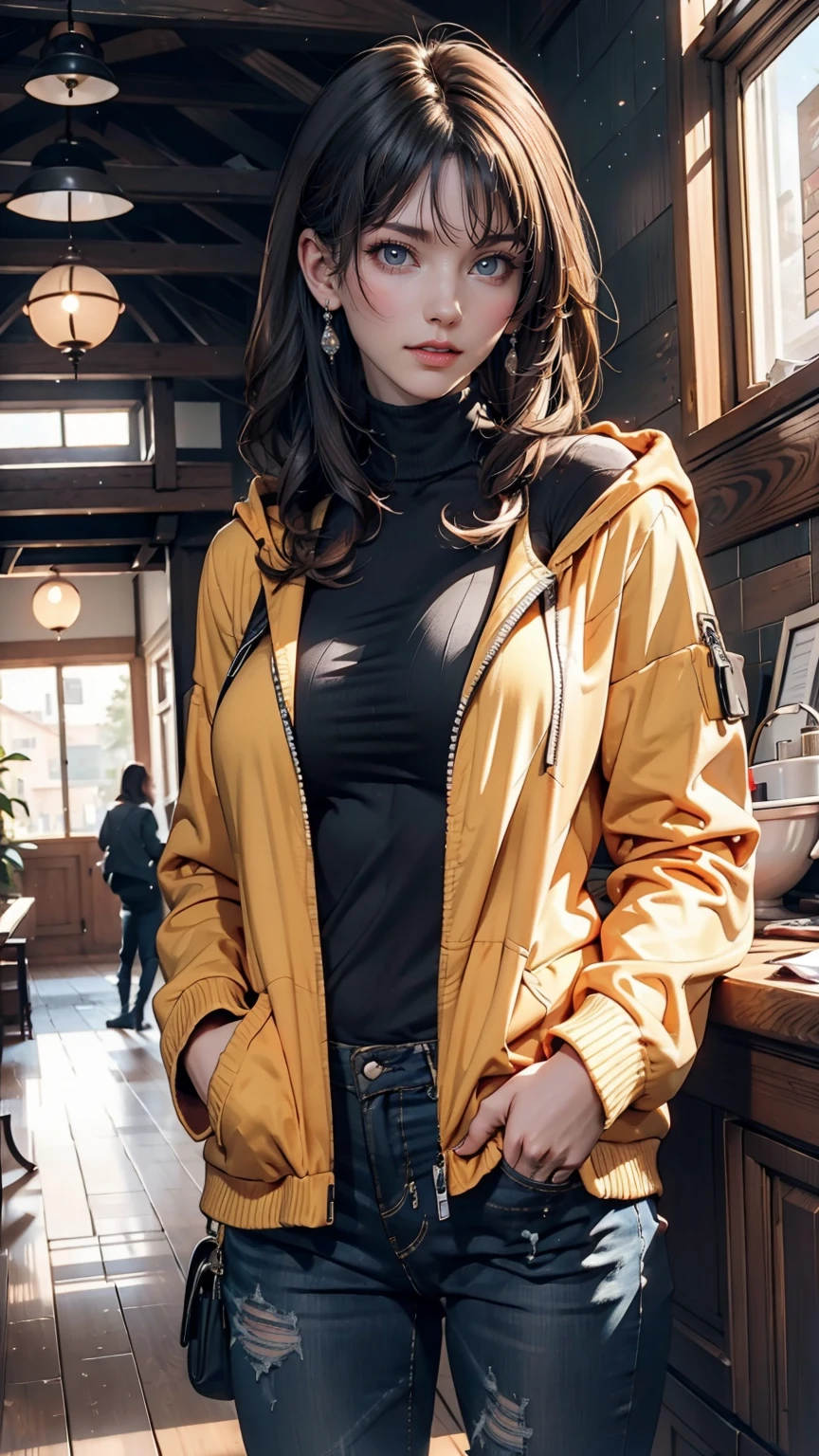 girl, Yellow Jacket, Put your hands in your pockets, Gazing at Other People, Long black hair, heterochromatic eyes, heterochromatic eyes, Heterochromatic pupil, 8k resolution, Very detailed, Anatomically correct, Digital Painting, Concept Art, Makoto Shinkai style, Clear images,  