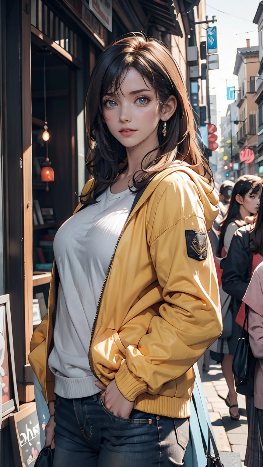 girl, Yellow Jacket, Put your hands in your pockets, Gazing at Other People, Long black hair, heterochromatic eyes, heterochromatic eyes, Heterochromatic pupil, 8k resolution, Very detailed, Anatomically correct, Digital Painting, Concept Art, Makoto Shinkai style, Clear images,  