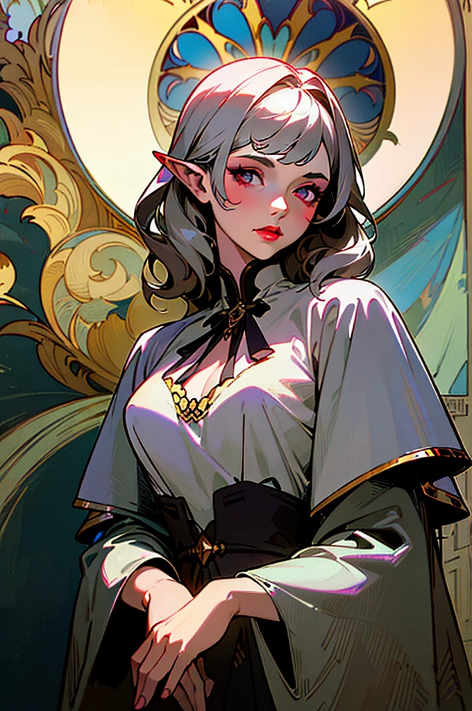 femme de 50 ans, Middle-aged European, ((trentenaire)), solo, medieval tavern, [ghotic] full lips, [[Short hair]], (visage de forme ovale), (Heavenly Nose), wears a cape, peau claire et chaude, red eyes, doe eyes, short hair, very silver hair, very light, wavy hair, elfe ears, Long cils, ((dark medieval clothes)), Glow, ghotic, elegant, tendance sur artstation, makeup, lipstick, ((In the style of Alphonse Mucha)), inkshadow, (((Masterpiece artwork))), ((best quality)), ((complex detailed)), ((semi-realistic)), (se concentrer uniquement), (visage parfait:1.1), (high detail:1.1), clivage, dark