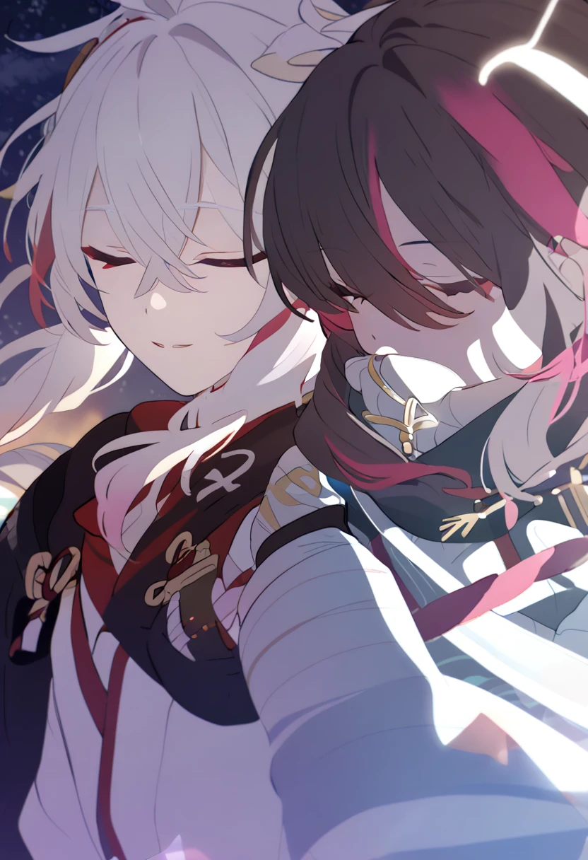 Man and woman couple, walking under the stars, at night, very close, 1 girl, Columbina, multicilor hair, two color hair, colored inner hair, decoration for your hair, black fur, with red outline, closed eyes, 1 chico, Kaedehara Kazuha, white hair with a red streak, hair ornament