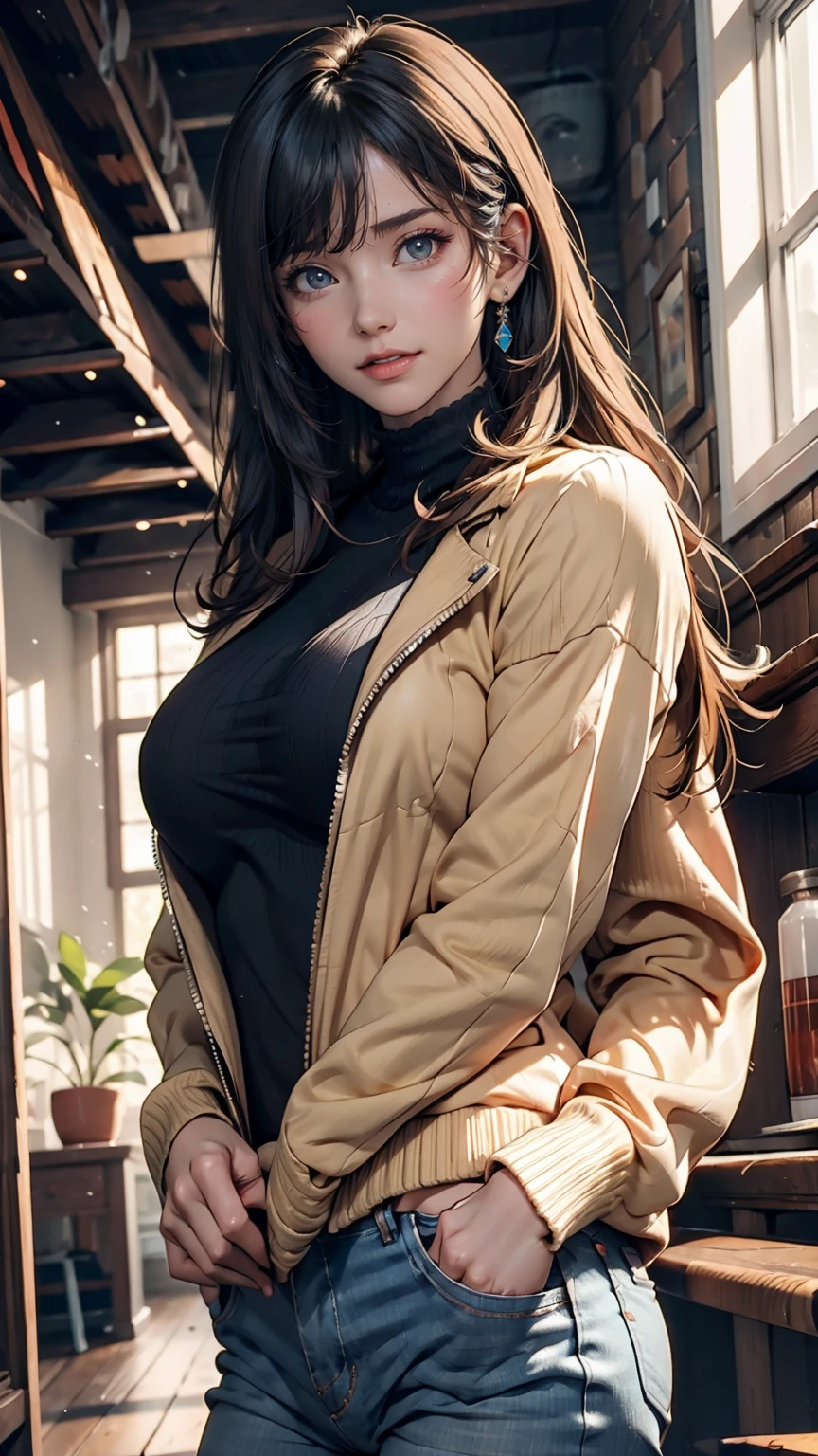 girl, Yellow Jacket, Put your hands in your pockets, Gazing at Other People, Long black hair, heterochromatic eyes, heterochromatic eyes, Heterochromatic pupil, 8k resolution, Very detailed, Anatomically correct, Digital Painting, Concept Art, Makoto Shinkai style, Clear images