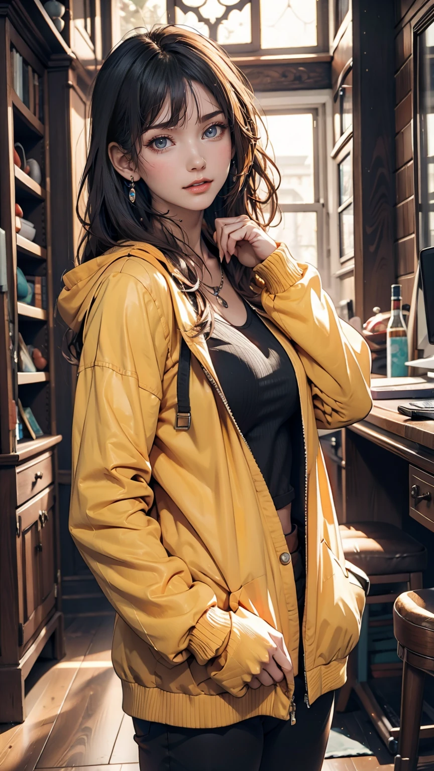 girl, Yellow Jacket, Put your hands in your pockets, Gazing at Other People, Long black hair, heterochromatic eyes, heterochromatic eyes, Heterochromatic pupil, 8k resolution, Very detailed, Anatomically correct, Digital Painting, Concept Art, Makoto Shinkai style, Clear images