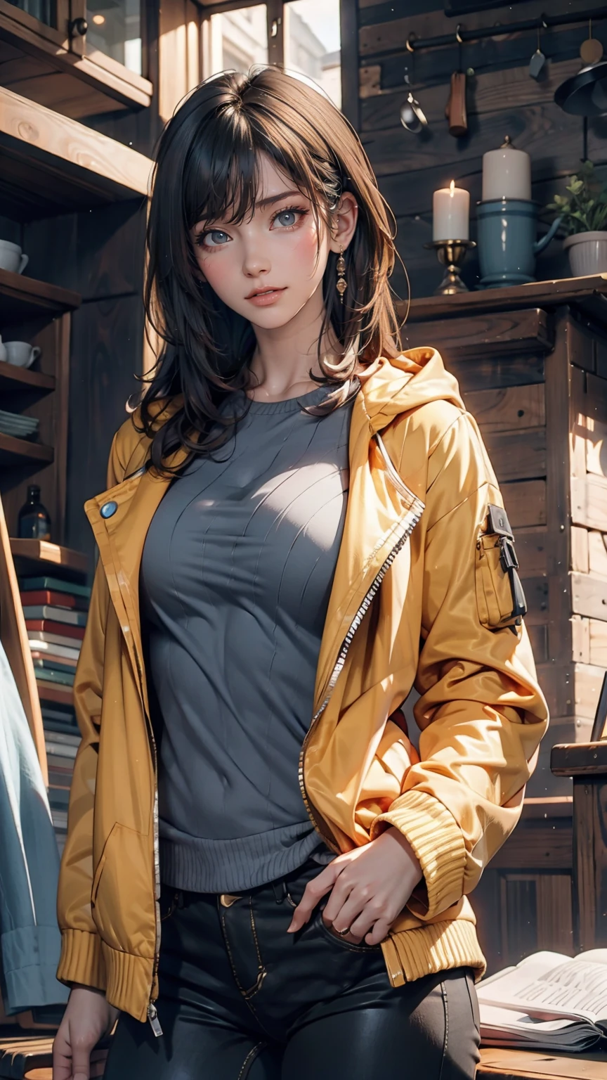 girl, Yellow Jacket, Put your hands in your pockets, Gazing at Other People, Long black hair, heterochromatic eyes, heterochromatic eyes, Heterochromatic pupil, 8k resolution, Very detailed, Anatomically correct, Digital Painting, Concept Art, Makoto Shinkai style, Clear images