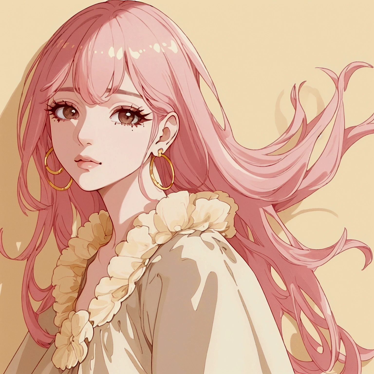 (masterpiece, high quality, best quality, 4k, 8k:1.4), 1girl, solo, pink hair, brown eyes, double-parted bangs, long hair, (mature female, mature:1.2), mole under eye, hoop earrings, revealing white and gold dress, detailed face, beautiful detailed eyes, beautiful detailed lips, extremely detailed face, long eyelashes, intricate details, soft lighting, soft color pallette, perfect anatomy