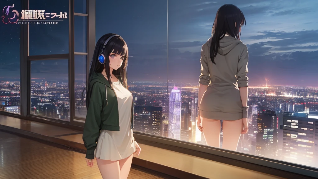 Ultra-high resolution, 8k, (Official Art, beautifully、mysterious:1.2), Anime Art Wallpaper, Works by Makoto Xin Haicheng, Lofi Art Style, Lo-fi feel, Perfect human body composition, Anatomically correct limbs, Structurally correct fingers, Impressive eyes, Oversized hoodie and short skirt, Shiny long black hair, Larger than average bust, Girl listening to music with headphones, Looking out the window, City Room, A room for music lovers, city view from the window, Impressive cityscape, Bright Sky, meteor, Wide angle, Before dusk