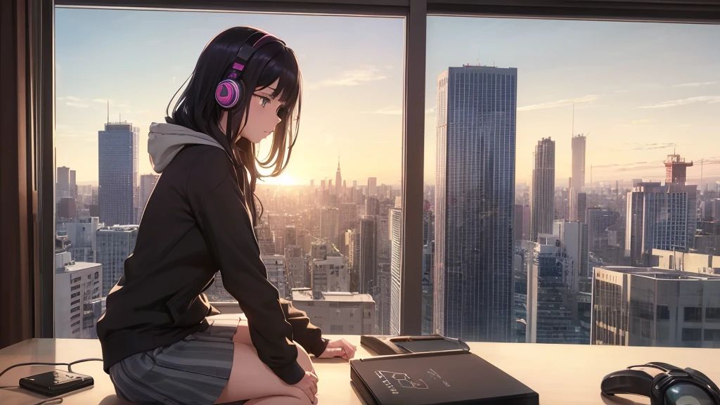 Ultra-high resolution, 8k, (Official Art, beautifully、mysterious:1.2), Anime Art Wallpaper, Works by Makoto Xin Haicheng, Lofi Art Style, Lo-fi feel, Perfect human body composition, Anatomically correct limbs, Structurally correct fingers, Impressive eyes, Oversized hoodie and short skirt, Shiny long black hair, Larger than average bust, Girl listening to music with headphones, Looking out the window, City Room, A room for music lovers, city view from the window, Impressive cityscape, Bright Sky, meteor, Wide angle, Before dusk