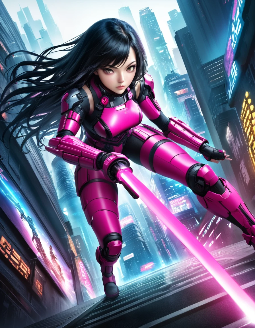 ultra realistic, hollywood blockbuster movie poster, title logo “ENTER THE LIGHT CITY”, cyberpunk city background, cyber samurai girl, black hair, long hair, hold light saber, pink cyber samurai armor, (action pose:1.2), from {above|below|side|behind}