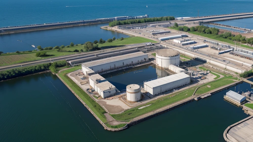Aerial view of the factory with a large body of water, Mixing tank in water treatment plant