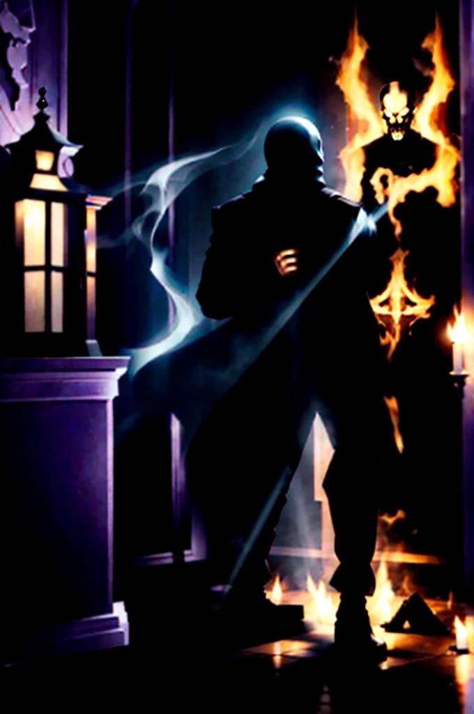 imagine prompt: 3d, personality: Ramu interrogating the ghostly figure about his identity and the haunting of the mansion. The ghost should appear menacing and vengeful, adding a sinister undertone to the scene. Ramu's expression should show his bravery and resolve, despite the supernatural circumstances. The setting should be ethereal and unsettling, emphasizing the clash between the living and the dead. unreal engine, hyper real --q 2 --v 5.2 --ar 16:9