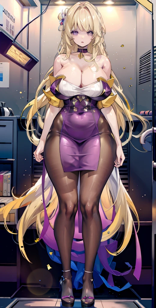 girl,Large Breasts,long hair,Topless,Bow,Blonde Hair, Purple Eyes, Cleavage,Large Breasts