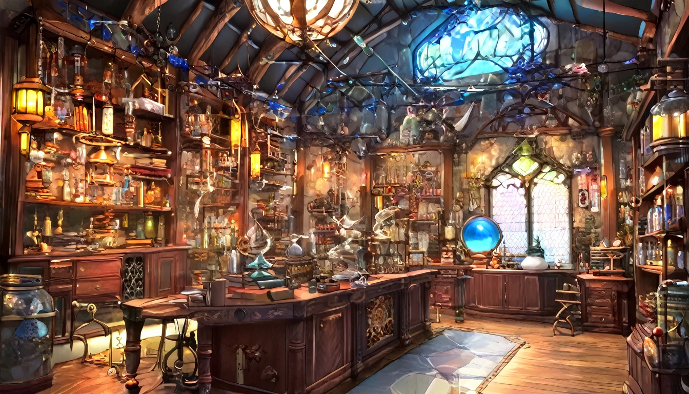 Cover page, High resolution, Highest quality, Highest quality, Paid reward available, An unparalleled masterpiece, Perfect artwork, Absurd, High quality illustrations, 超High resolution, Detailed Background, Perfect Anatomy(One boy, alone, kemono, Furry Personification, Alchemist, experiment)Many pottery, a room with many windows, In a cluttered laboratory, スチームパンクのexperiment室で, fantasy Alchemist laboratory, Inside the weapon shop, Cinema Lighting,
