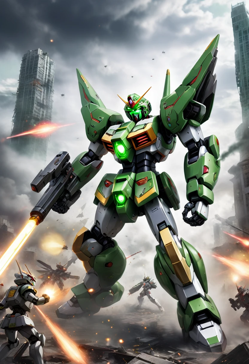A Gundam-style robot with a green accent、He is fighting an enemy robot with a beam saber.、The green robot has a sharp angular design.、Features glowing eyes and mechanical details、In the background is a ruined cityscape.、The lights and smoke of battle rise、The sky is covered with grey clouds