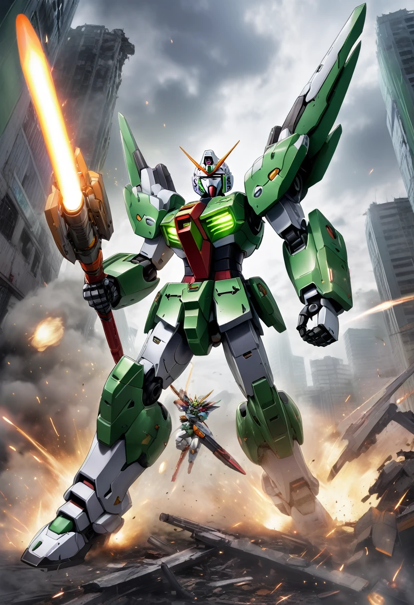 A Gundam-style robot with a green accent、He is fighting an enemy robot with a beam saber.、The green robot has a sharp angular design.、Features glowing eyes and mechanical details、In the background is a ruined cityscape.、The lights and smoke of battle rise、The sky is covered with grey clouds