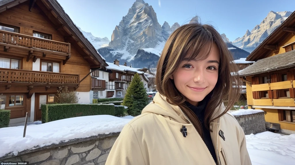 Instagram pictures, 1 French girl, Shoulder length hair, Has light blonde hair, Close-up photo, coat, The background is the village of Grindelwald....., Switzerland, smile a little,