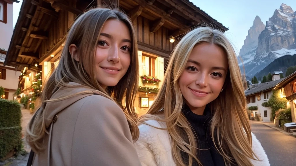 Instagram pictures, 1 French girl, Shoulder length hair, Has light blonde hair, Close-up photo, coat, The background is the village of Grindelwald....., Switzerland, smile a little,