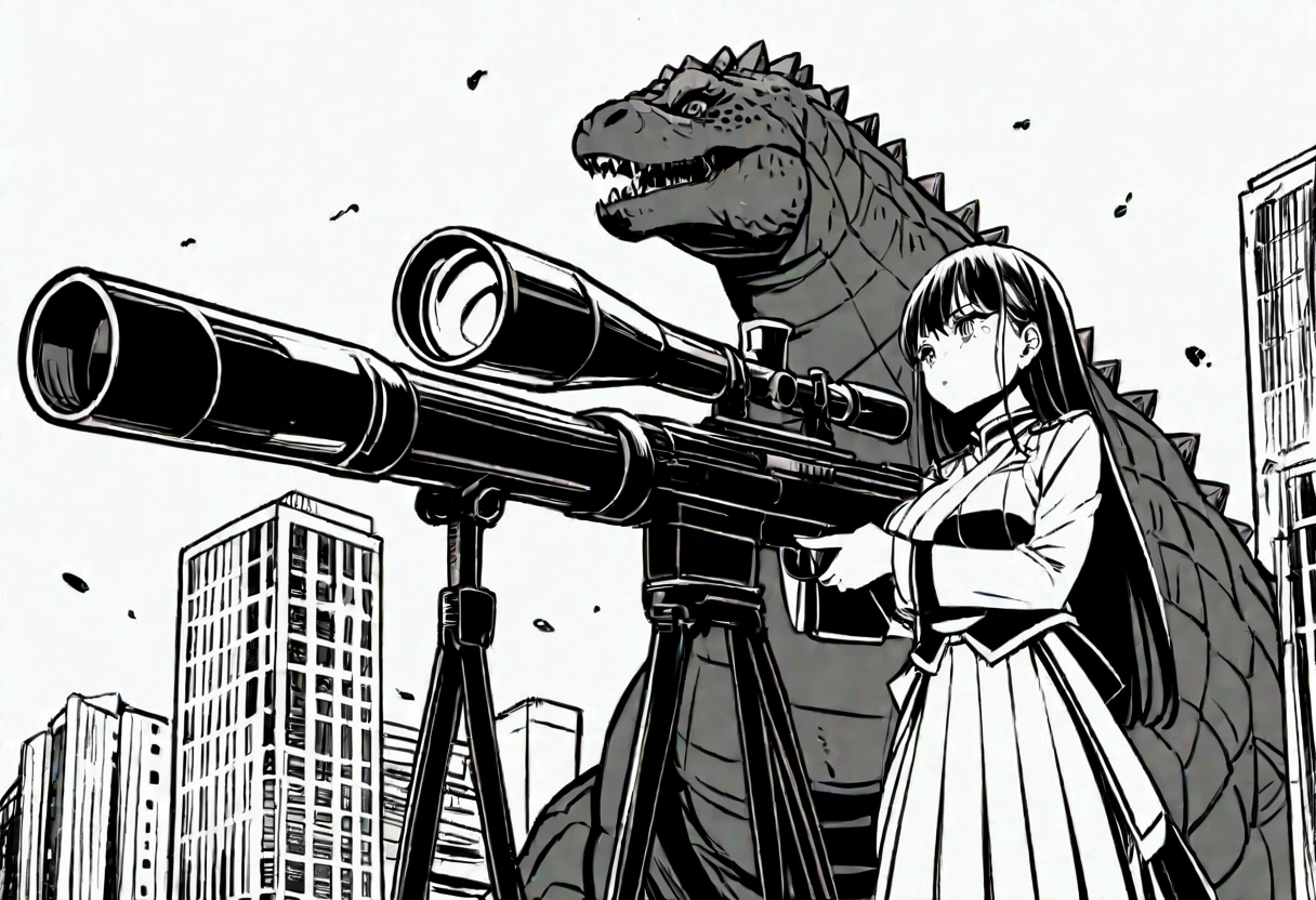 A woman in japanese MONARCH uniform is on a damaged skyscraper, she is crying and aiming a huge sniper rifle at Godzilla, Tokyo