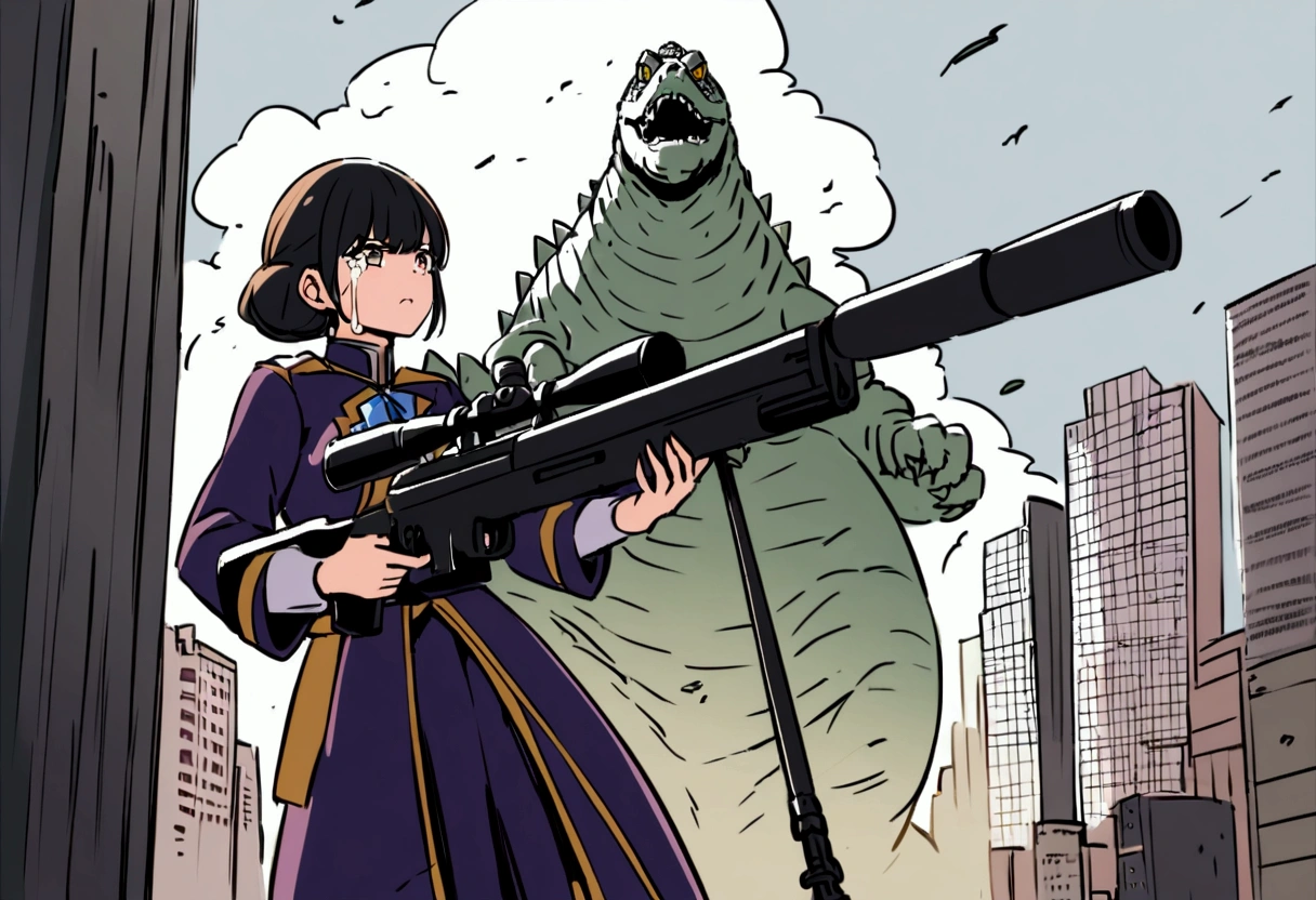 A woman in japanese MONARCH uniform is on a damaged skyscraper, she is crying and aiming a huge sniper rifle at Godzilla, Tokyo
