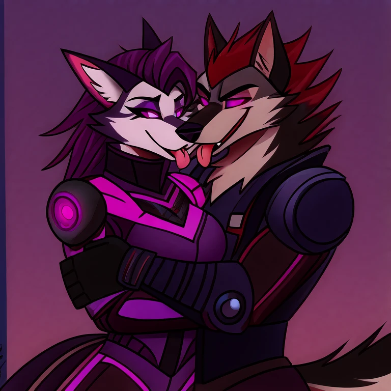 (masterpiece, best quality:1.2), Vortex female and male hellhounds, wolf, furry, helluva boss, wearing futuristic armor, using a Pulse Rifle, Energy Rifle, Futuristic assault rifle, tongue out, glowing purple eyes, hugging