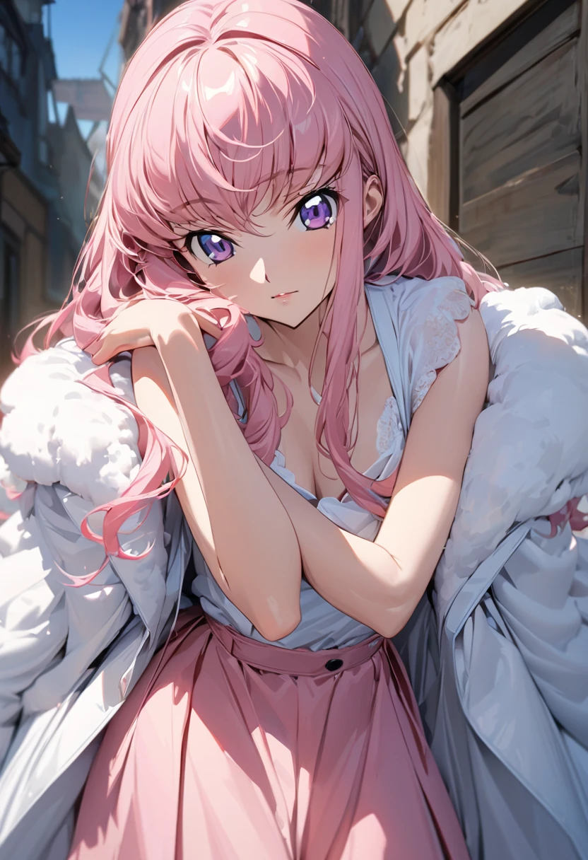 One woman, Ultra-high resolution, 超detailed, Highest quality, 8k,((Highest quality)), ((masterpiece)), (detailed)，Face direction(front)，Hair Color(Bright pink，Fine hair quality，Soft and fluffy)，background(blue sky，morning)，eye(パッチリとしたeye元), clothing(Summer clothes)，expression(Exquisite features depicting a perfect face)，Body Type(model，Naturally beautiful)，Perfect hands，The perfect woman, Dramatic Shadows，Cute pose，Anime characters, Code Geass