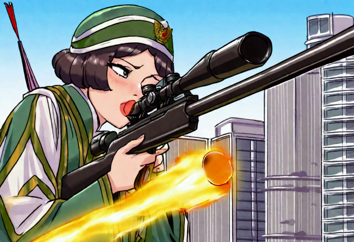 A woman in japanese MONARCH uniform is on a damaged skyscraper, she is crying and aiming a huge sniper rifle at Godzilla, Tokyo