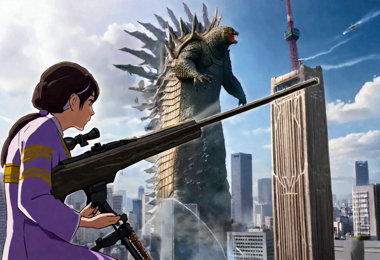 A woman in japanese MONARCH uniform is on a damaged skyscraper, she is crying and aiming a huge sniper rifle at Godzilla, Tokyo