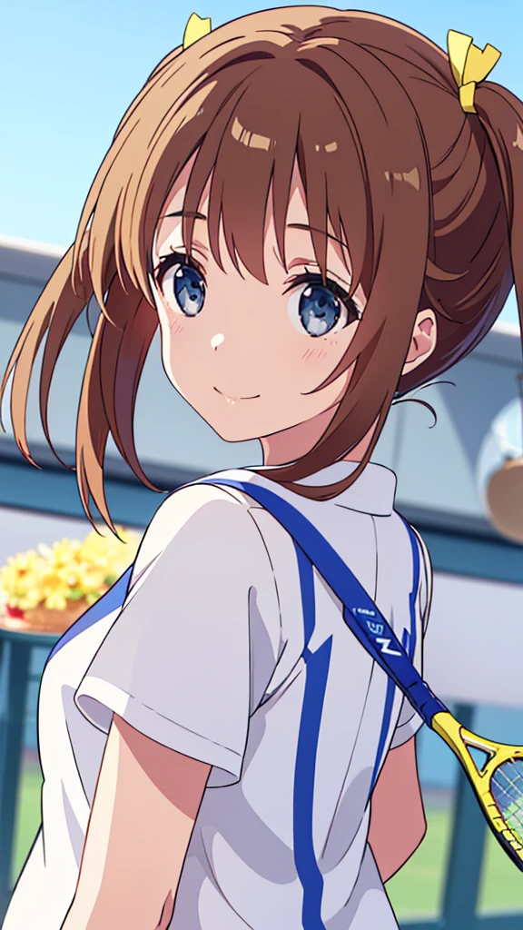 (premium、and 8K、32k、Masterpiece、NFFSW、super high resolution、Impressionism、photorealistic:1.2)、looking back、whole body, tennis coat、Beautiful face、blurred background、beautiful 18 year old girl、shiny skin、two-tailed、beautiful brown hair、grey eyes、Tie your hair with a big red ribbon.、tennis uniforms、raise your arms、Smile with your mouth open、curve、holding a racket、whole body
