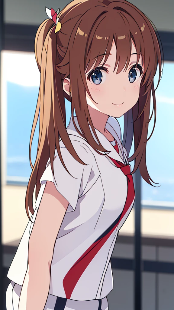 (premium、and 8K、32k、Masterpiece、NFFSW、super high resolution、Impressionism、photorealistic:1.2)、looking back、whole body, tennis coat、Beautiful face、blurred background、beautiful 18 year old girl、shiny skin、two-tailed、beautiful brown hair、grey eyes、Tie your hair with a big red ribbon.、tennis uniforms、raise your arms、Smile with your mouth open、curve、holding a racket、whole body