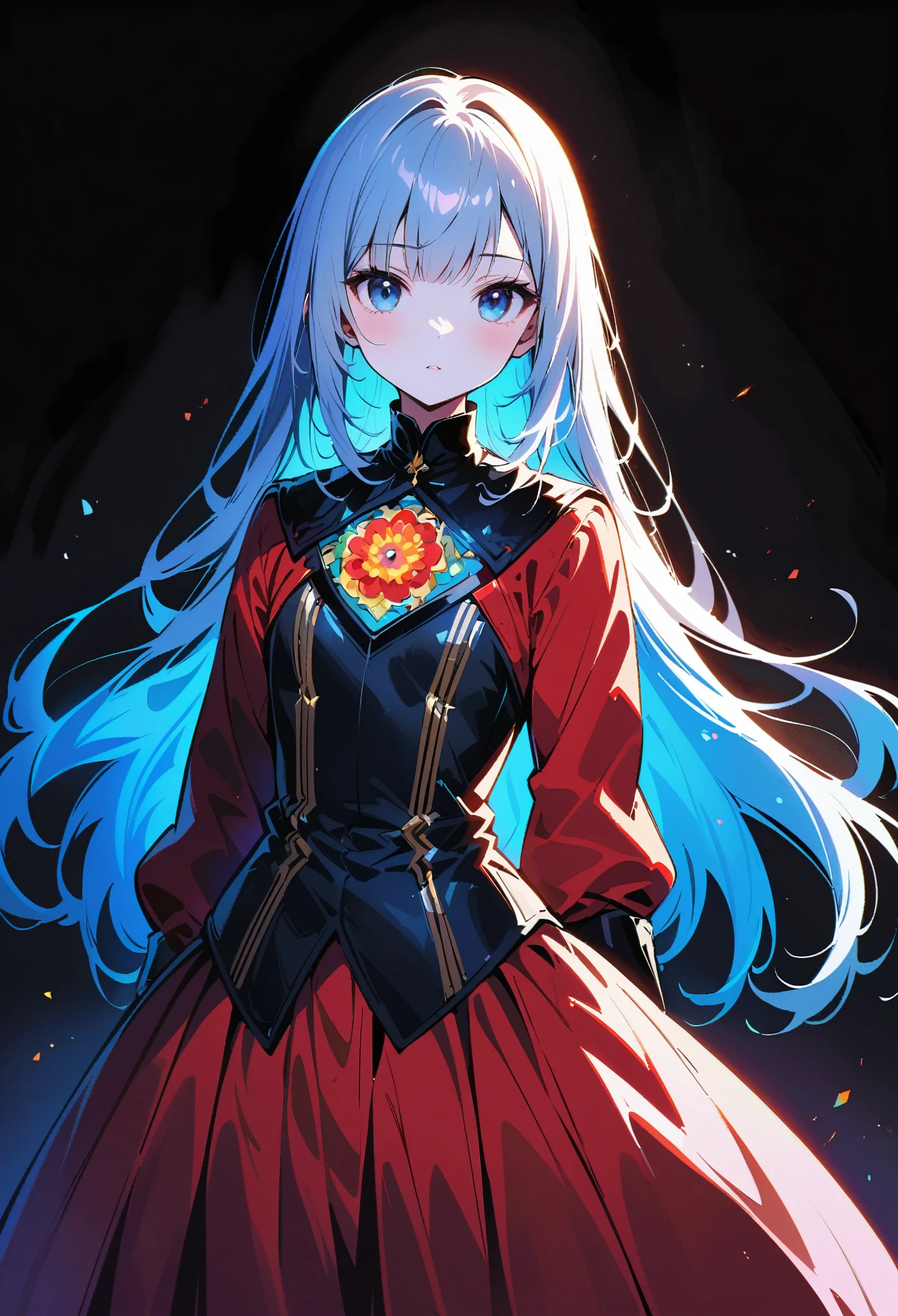 Millefiori glass style，A girl around 13 years old，Pale skin，Very long hair, Black straight hair. big、Black eyes , With a strong and mysterious expression. Dressed in orphan clothing style, More elegant and refined, Something that matches her mysterious and strong personality. comprehensive, Her presence will attract attention, Attract curious and inquisitive eyes. flat chest, movie lighting, Chromatic Aberration, Backlight, masterpiece, High Detail, high quality, 4k.
