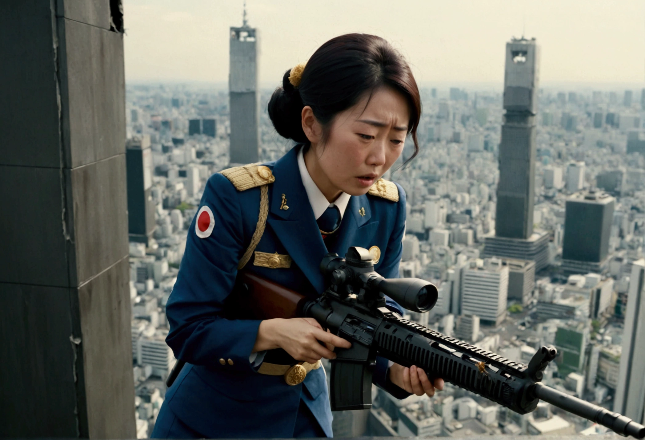 A woman in japanese MONARCH uniform is on a damaged skyscraper, she is crying and aiming a huge sniper rifle at Godzilla, Tokyo
