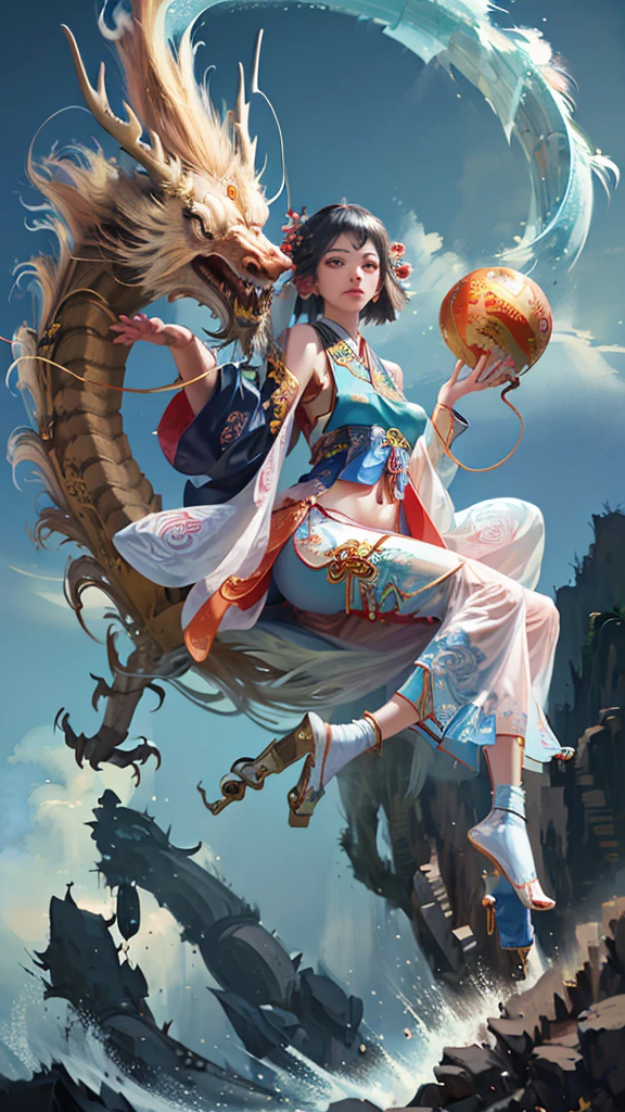 Official Art, Unified 8K Wallpapers, Ultra Detailed, Beautiful and Aesthetic, Masterpiece, Best Quality, (Zentangle, Tangle, Entangle), (fractal art: 1.4), 1girl, black hair, Chinese, bare shoulders, short skirt, calf, navel, very detailed, dynamic angle, cowboyshot, (most beautiful form chaos), flowing, (bright colors), oc, (half: 1.2), china, (thangka flying sky: 1.5), (ribbon: 1.3), (dream: 1.5), (hanfu: 1.5), Chinese dragon, Chinese phoenix, (smile: 0.5), (Chinese deity),