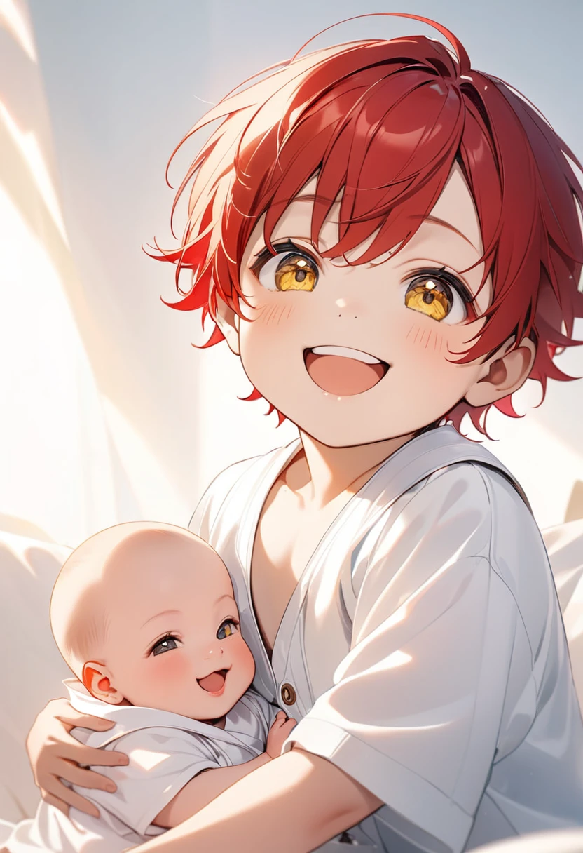 8k, baby boy red hair , yellow  eyes, cheerful grin, white  clothes, Soft light background