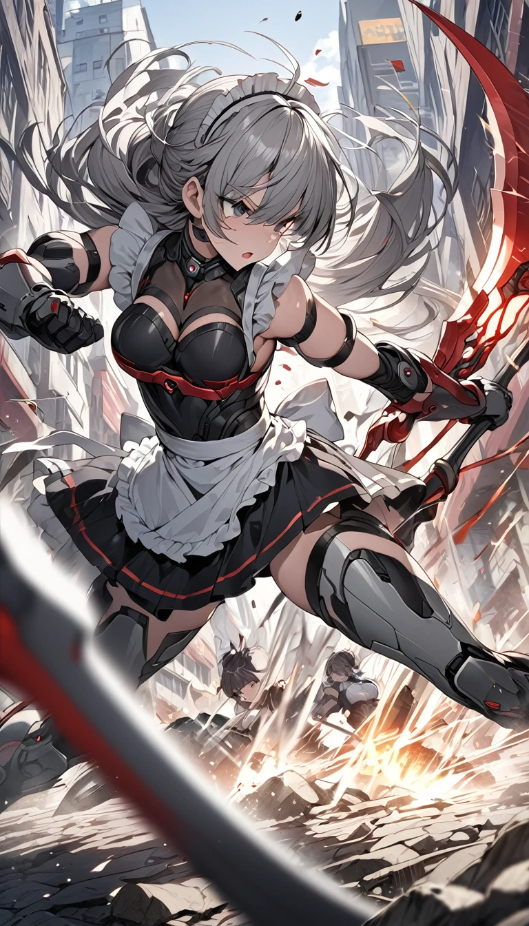 Highest quality masterpiece High resolution masterpiece Gray Hair Dark Eyes Maid-type Android Combat type Fight with a red-bladed scythe Battle Scenes Motion Blur