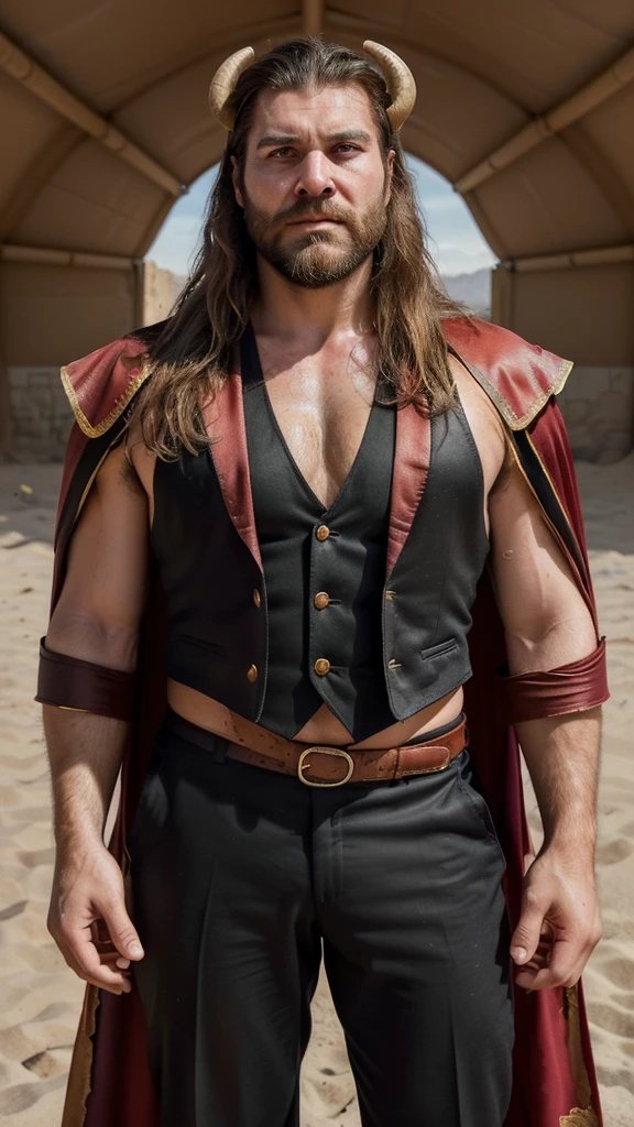 generates a man, very handsome, with marked and perfect fractions with long hair and a short beard, his body is muscular and very hairy, he is very sweaty all over his body, he is wearing a bullfighter's suit, his vest is unbuttoned, revealing a little his abdomen, he has a very large red cape in his hand, which hangs and next to him there is a bull, a very large black bull with big horns, he is in a space full of sand, and around him there are many people applauding