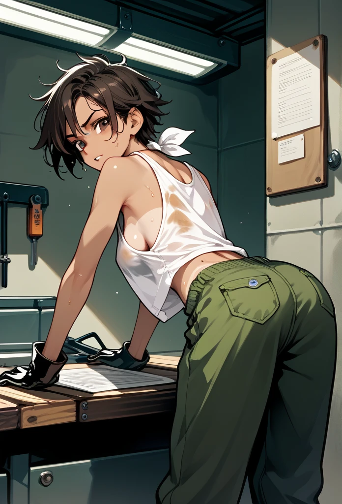 masterpiece, best quality, mature woman, messy hair, black hair, brunette gradient hair color, hot face, (tomboy face), tan skin, mature body, fit body, medium breasts, mechanic gloves, (dirty tank top), stained tank top, midriff, white bandana, mechanic pants, loose pants, workshop, (sweaty), bending over, back view
