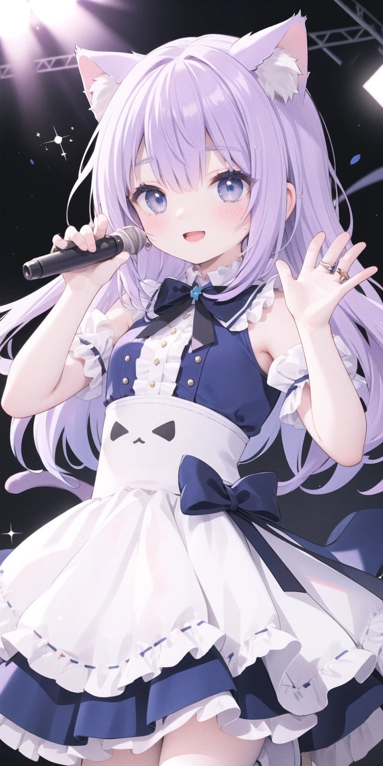 charming ,Long hair,Purple Hair，Close one eye，Smile，open mouth，Artifact Marker，A charming look,charming gesture，Sing，Big blue eyes,White Lolita,Pleated Skirt,Cat ears,Cat&#39;Tail,Beautiful gloves,Hair accessories,bow tie，Leg ring，White boots，whole body,stage，one person