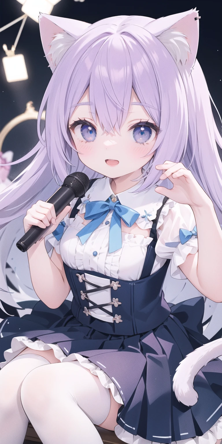 charming ,Long hair,Purple Hair,Close one eye,Smile,open mouth,Artifact Marker,A charming look,charming gesture,Sing,Big blue eyes,White Lolita,Pleated Skirt,Cat ears,Cat'Tail,Beautiful gloves,Hair accessories,bow tie,Leg ring,White boots,whole body,stage,one person