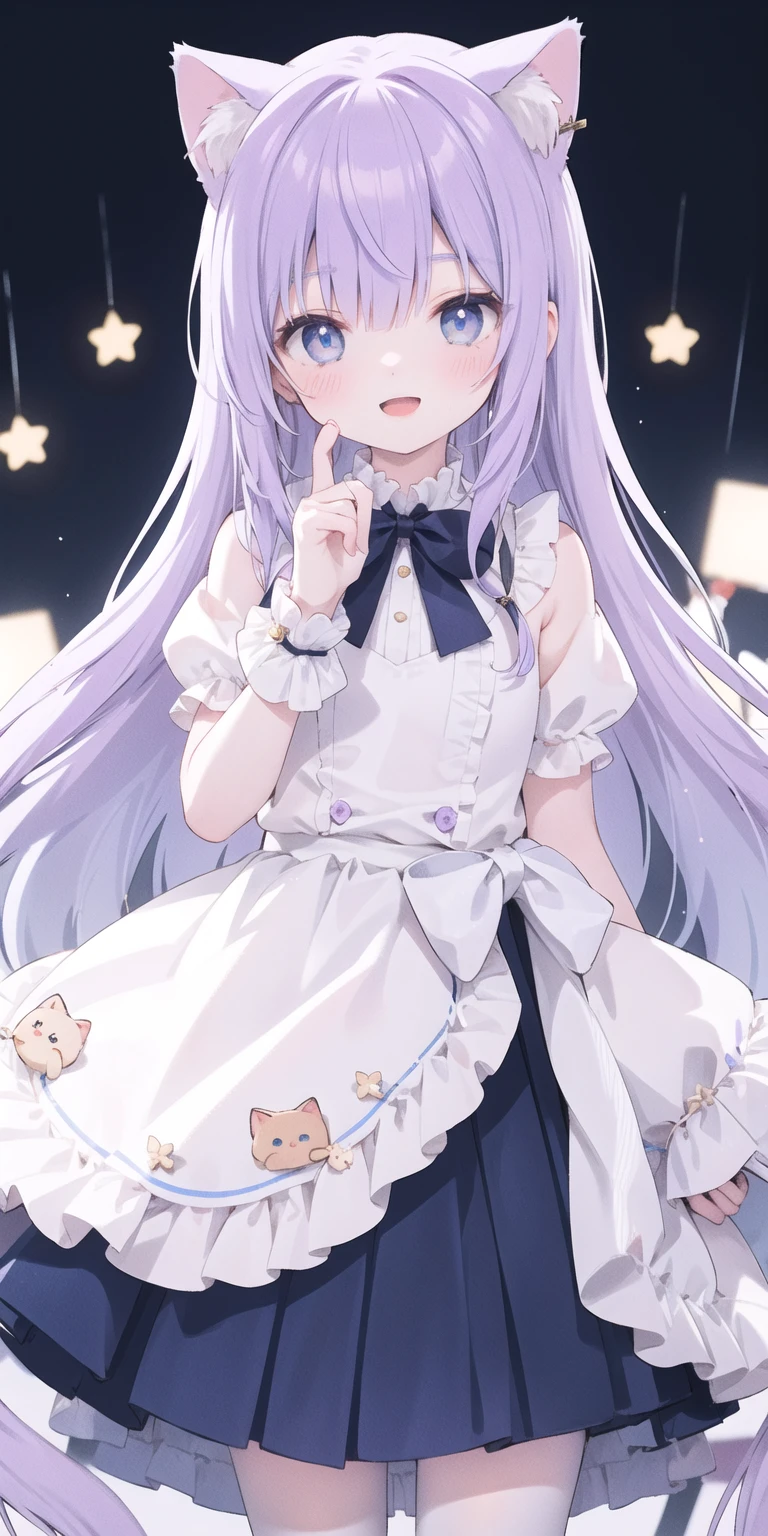 charming ,Long hair,Purple Hair，Close one eye，Smile，open mouth，Artifact Marker，A charming look,charming gesture，Sing，Big blue eyes,White Lolita,Pleated Skirt,Cat ears,Cat&#39;Tail,Beautiful gloves,Hair accessories,bow tie，Leg ring，White boots，whole body,stage，one person