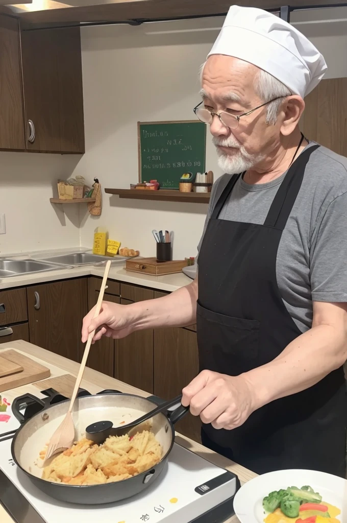 Like something a kindergartener drew、With poor illustrations、Without adding color、Line drawings made with pencil only。I drew a scene of an old man cooking with a frying pan, using only his upper body.
