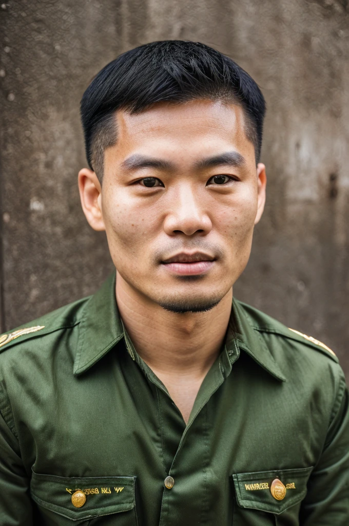 RAW photo of a 30 year old man, wearing a green Vietnamese army shirt, Asian, short black hair, real face, real skin, (photorealistic:1.4), (high detail soft skin:1.2 ), 8k uhd, dslr, soft light, high quality, grain film, Fujifilm XT
