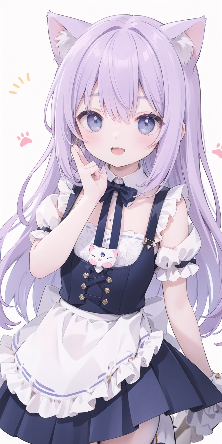 charming ,Long hair,Purple Hair，Close one eye，Smile，open mouth，Artifact Marker，A charming look,charming gesture，Sing，Big blue eyes,White Lolita,Pleated Skirt,Cat ears,Cat&#39;Tail,Beautiful gloves,Hair accessories,bow tie，Leg ring，White boots，whole body,stage，one person