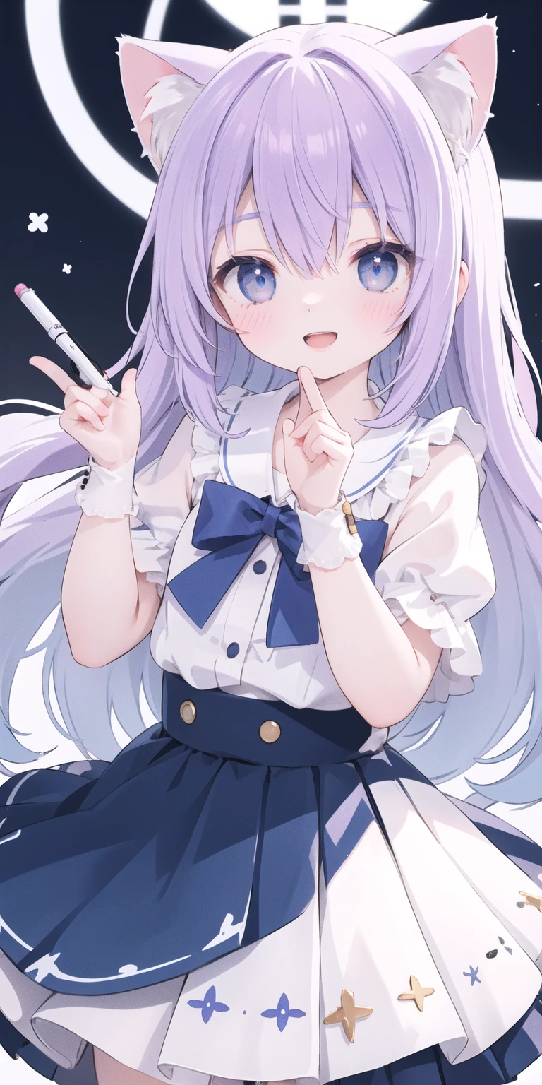 charming ,Long hair,Purple Hair，Close one eye，Smile，open mouth，Artifact Marker，A charming look,charming gesture，Sing，Big blue eyes,White Lolita,Pleated Skirt,Cat ears,Cat&#39;Tail,Beautiful gloves,Hair accessories,bow tie，Leg ring，White boots，whole body,stage，one person