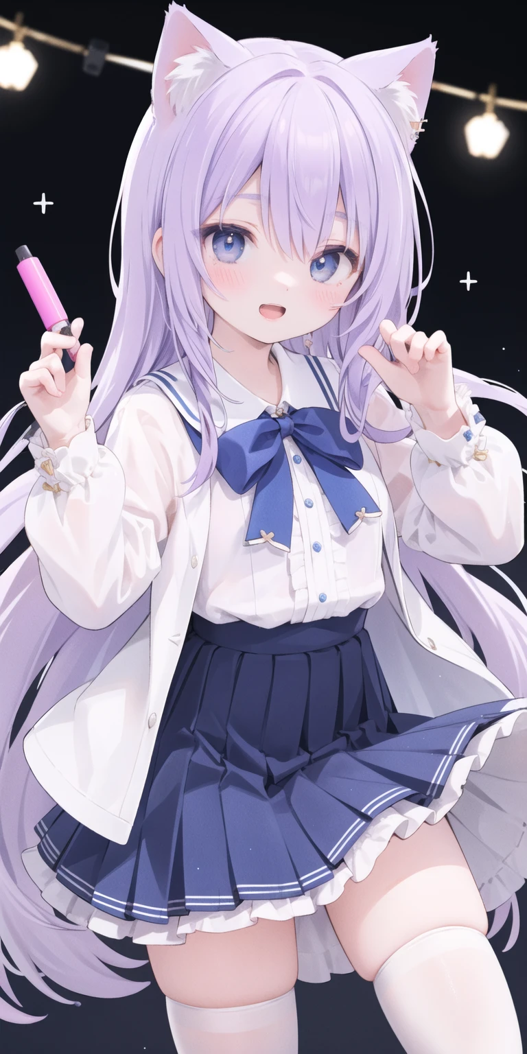 charming ,Long hair,Purple Hair，Close one eye，Smile，open mouth，Artifact Marker，A charming look,charming gesture，Sing，Big blue eyes,White Lolita,Pleated Skirt,Cat ears,Cat&#39;Tail,Beautiful gloves,Hair accessories,bow tie，Leg ring，White boots，whole body,stage，one person