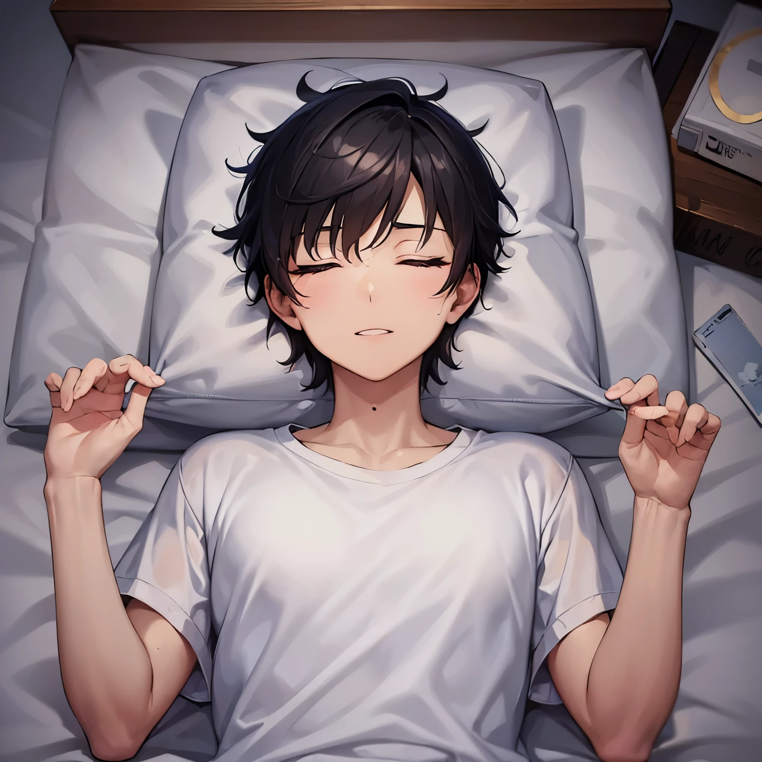 (25-year-old male:1.5) and (Black short hair), (white) and (T-Shirts)、upper body, shiny skin, masterpiece、Highest quality、sleep , closed eyes,bed(alone:1.5)Sleeping on one's side