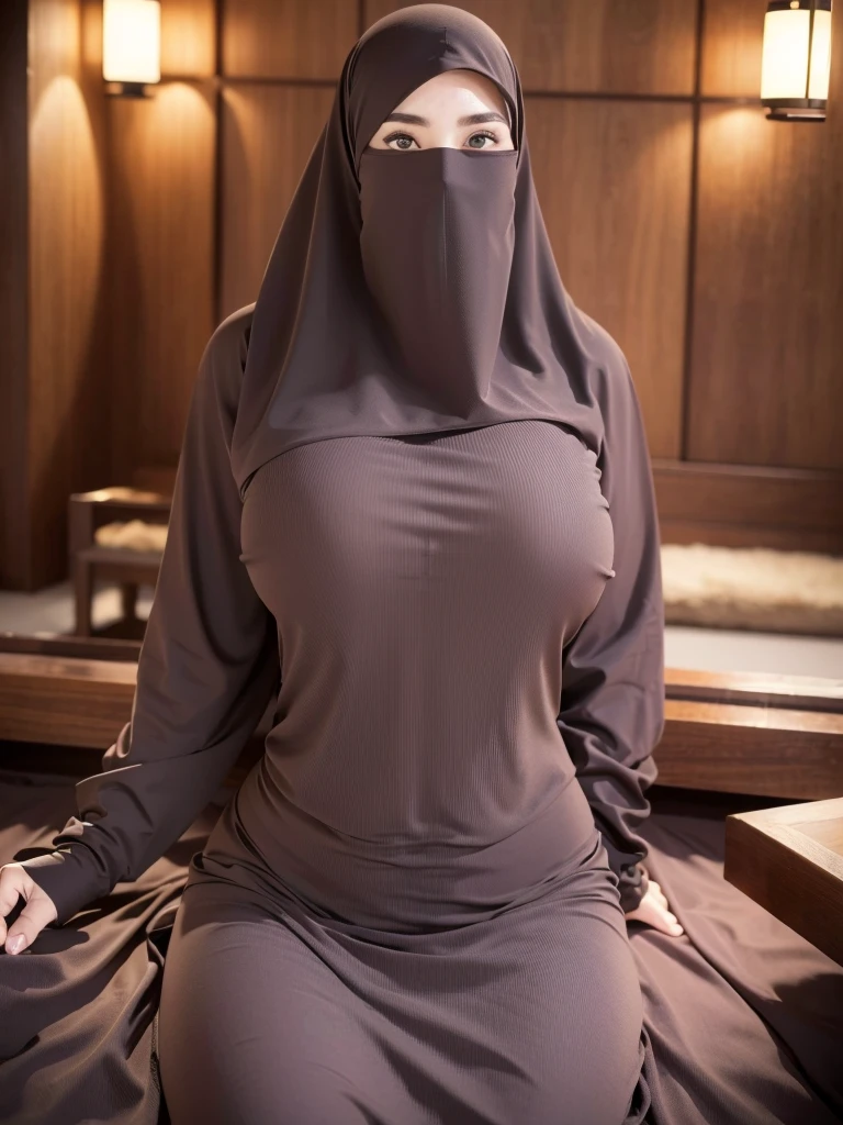 4k, high quality, nice lighting, soft lighting, realistic,  dark eyes, sexy, big breasts, thick thighs, wide hips, muscular, arabic dress, Jewelry, sexy lady, asian, hijab, niqab, sexy pose, showing big thighs, nice body, natural largest breast